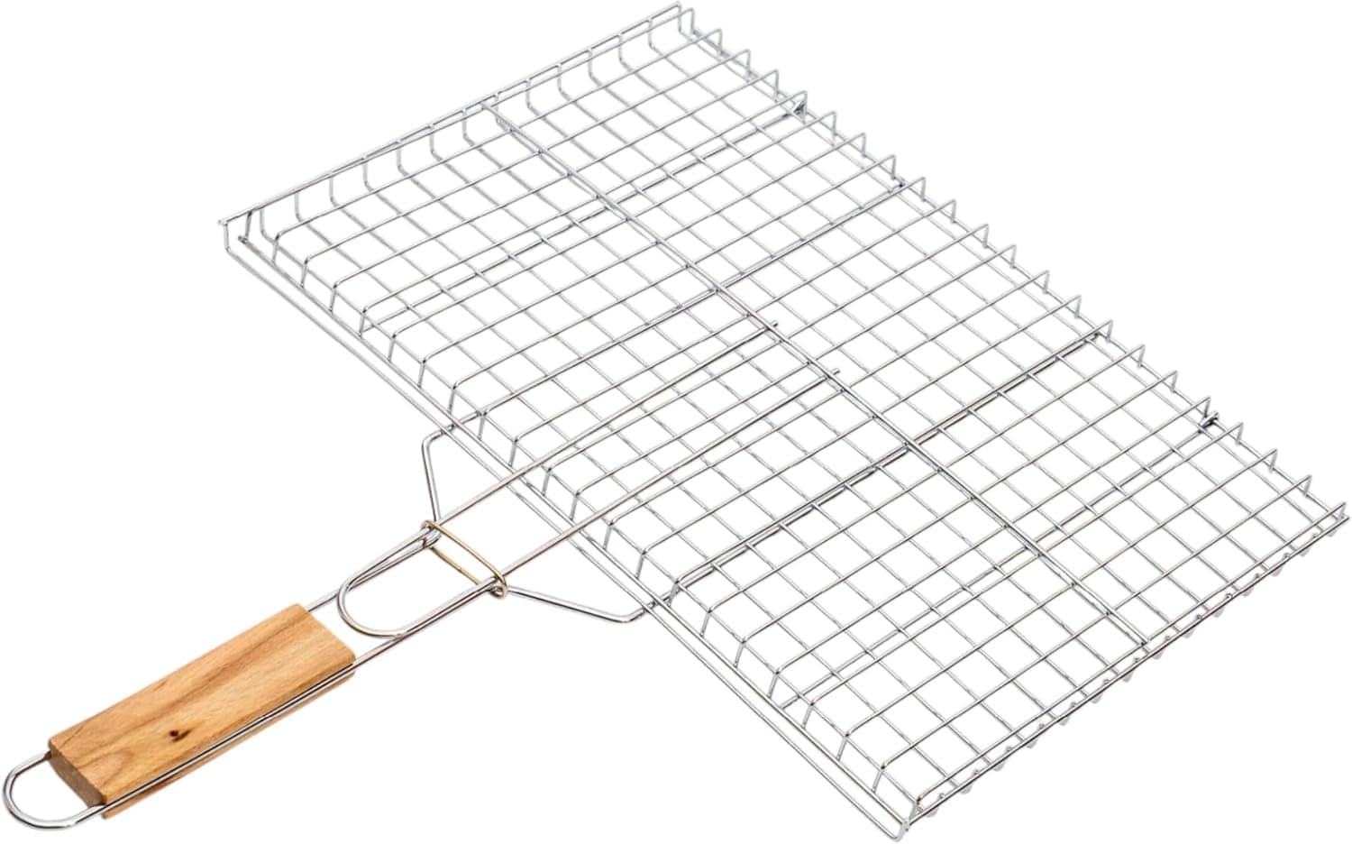 Camp&Fire Portable BBQ Grill Basket (25x38cm). Stainless Steel Locking Mesh Basket with Wooden Handle