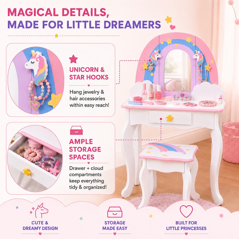 image 1 of Teamson Kids Play Vanity with Mirror, Pegs & Stool, Rainbow Unicorn