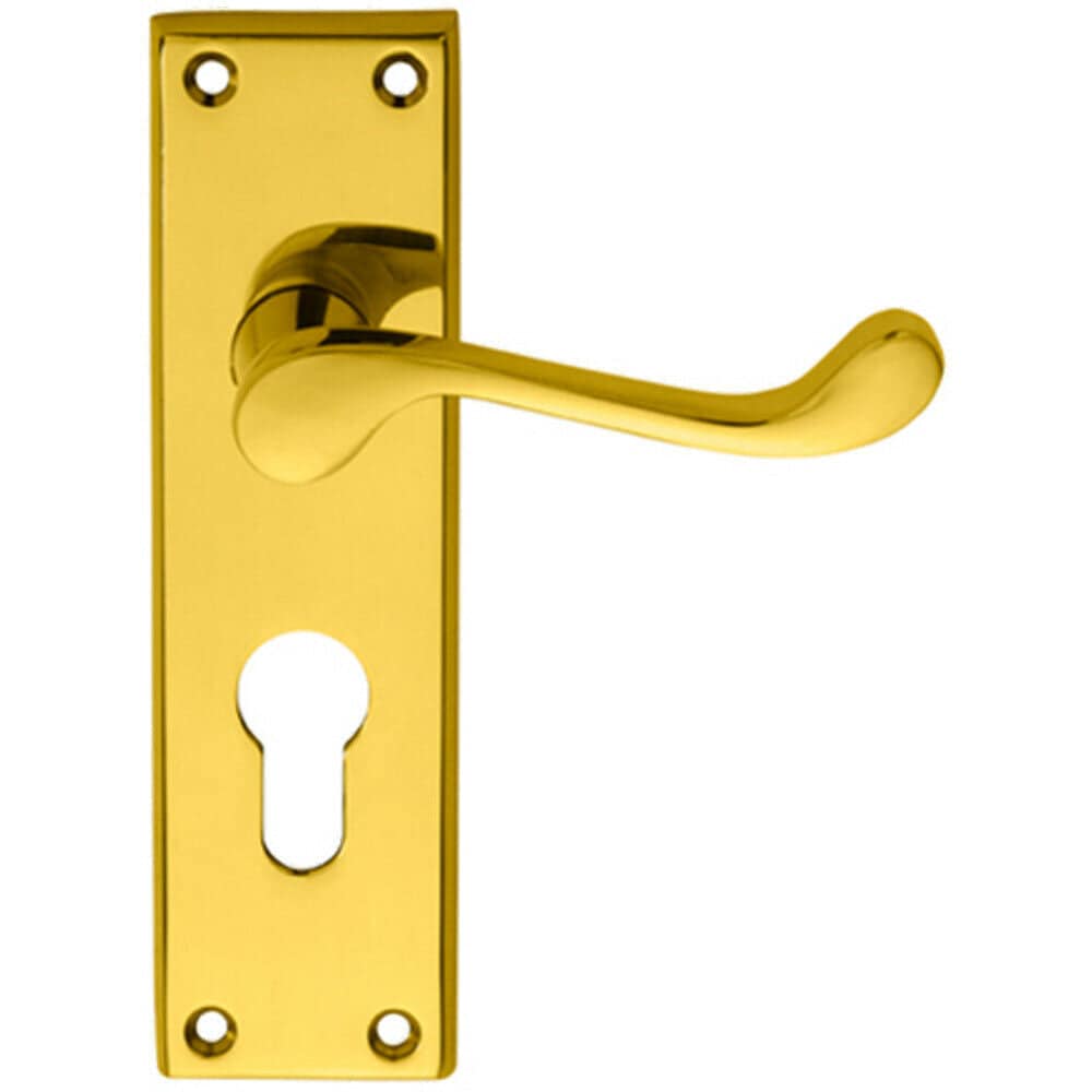 Loops PAIR Victorian Scroll Lever on Euro Lock Backplate 150 x 43mm Polished Brass in Metallics