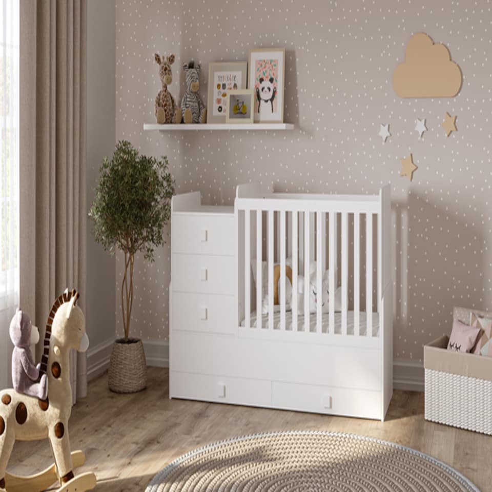 image 1 of Kudl - 1200 Combi 4 in 1 Children's Cot Bed - MDF/Wood -  L173.5 x W65.5 x H109 cm - White