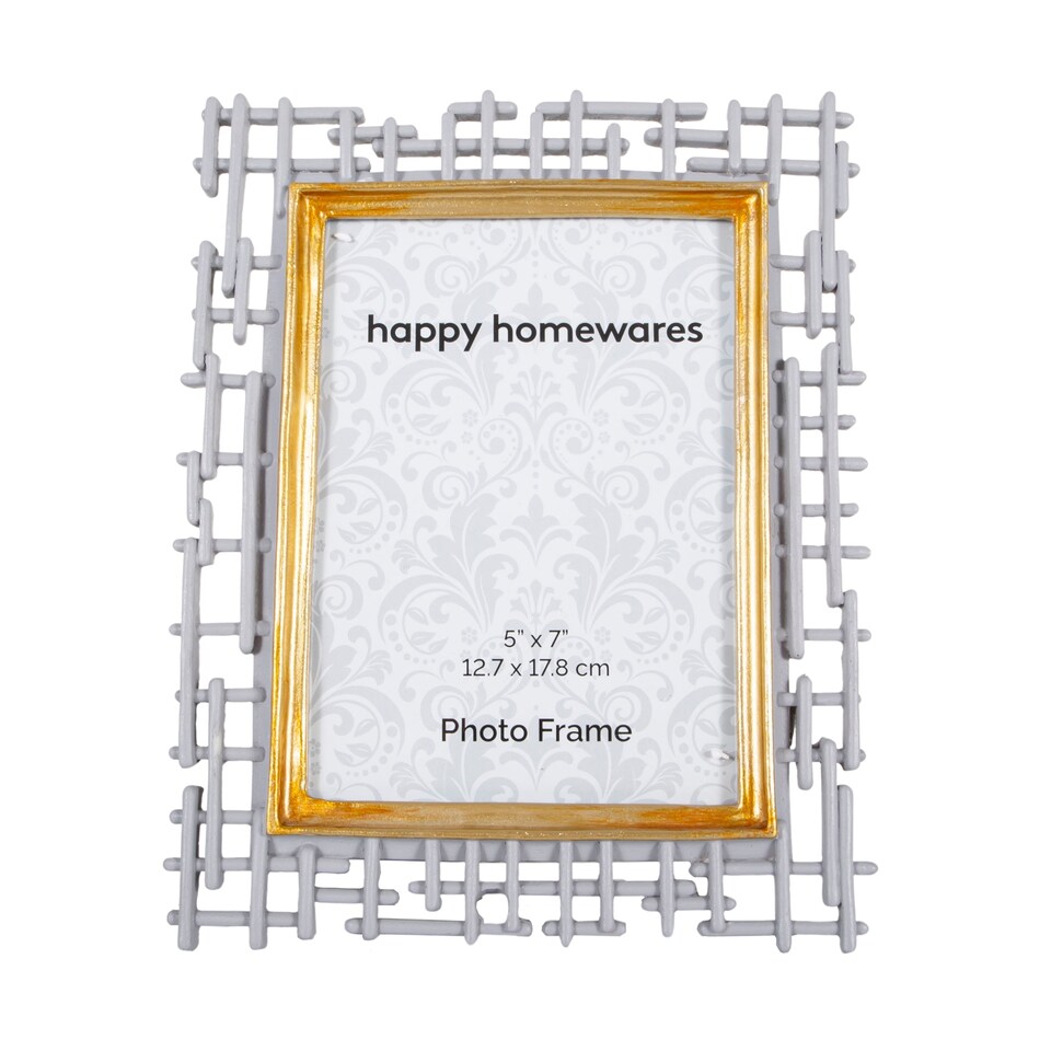 image 1 of Traditional Designer Hand Painted Grey and Brushed Gold Resin 5x7 Picture Frame | Grey | 5" x 7"
