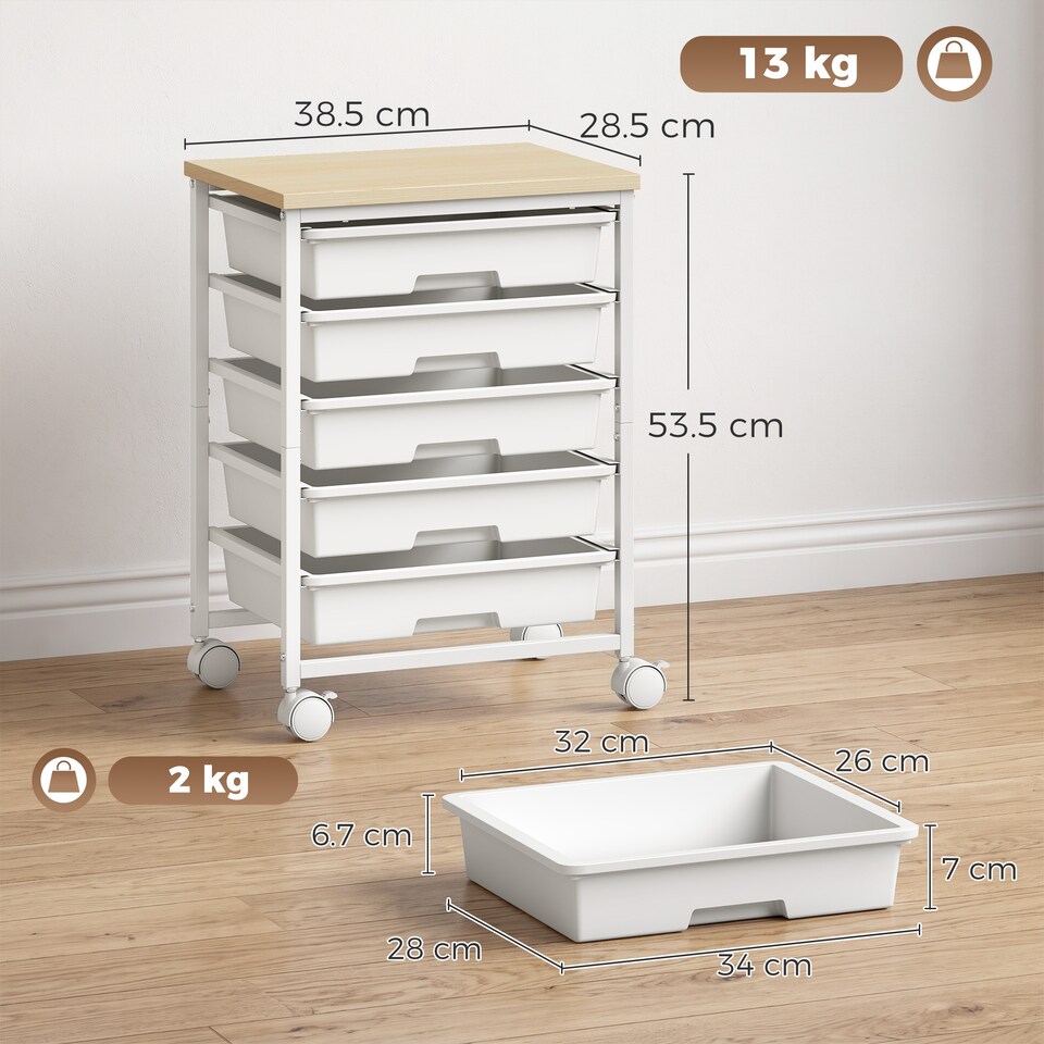 image 1 of HOMCOM 6-Tier Storage Trolley on Wheels with 5 Pull-Out Drawers