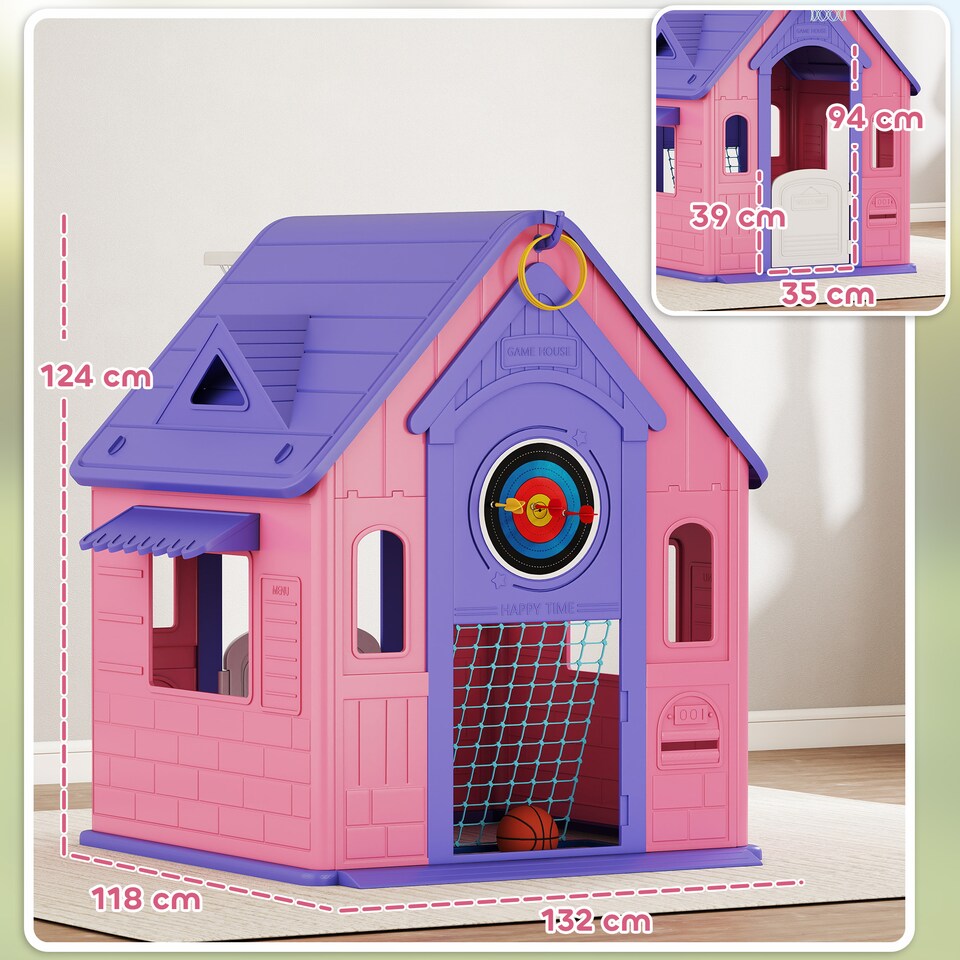 image 1 of AIYAPLAY 5-in-1 Playhouse for Kids Outdoor Indoor, Garden House with Basketball Hoop, Football, Dartboard, Ring Toss, Wendy House for Kids 2-5 Years Old | Pink