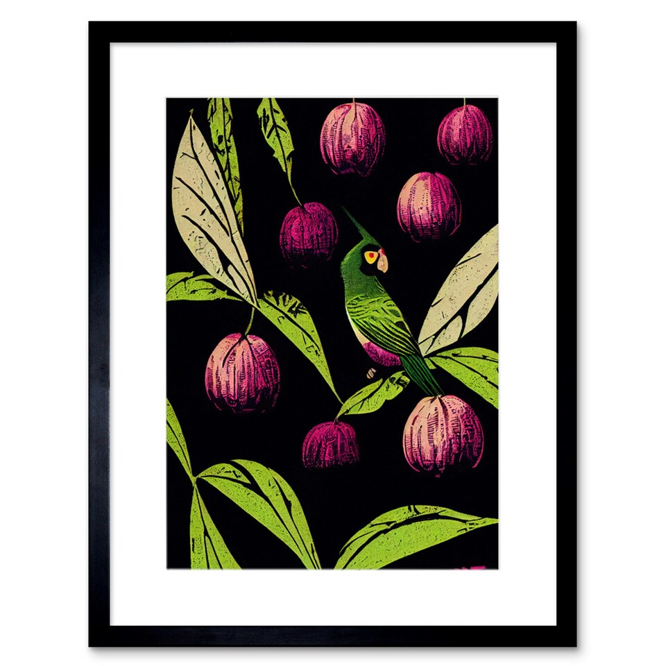 image 1 of Parrot Tree Fruit Green Purple Black Modern Vintage 9x7" Black Framed Wall Art Print