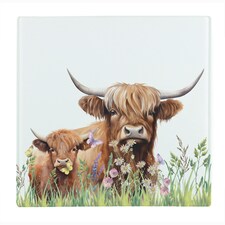 Highland Cow & Calf Large Square Worktop Protector - Smooth Glass Chopping Board