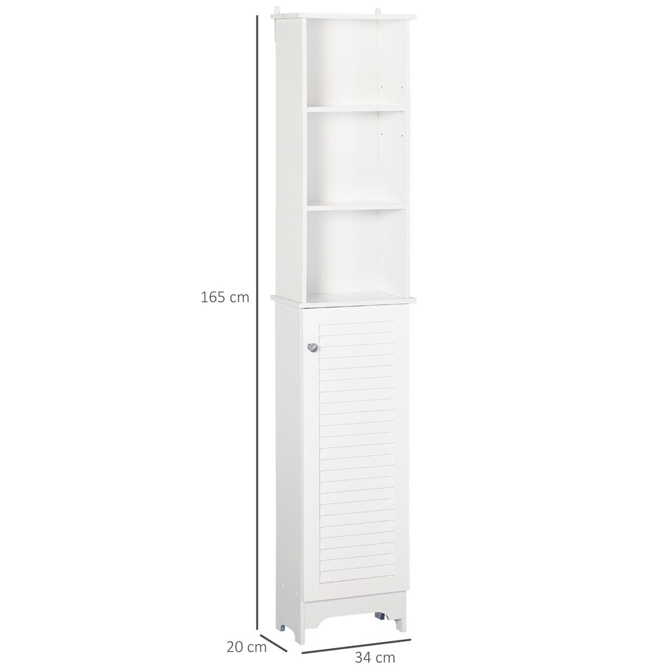 image 1 of HOMCOM Tall Bathroom Cabinet, Freestanding Slim Bathroom Storage Unit with Adjustable Shelves and Shutter Door, Floor Storage Cupboard with 6 Shelves, 165H x 34W x 20D cm, White