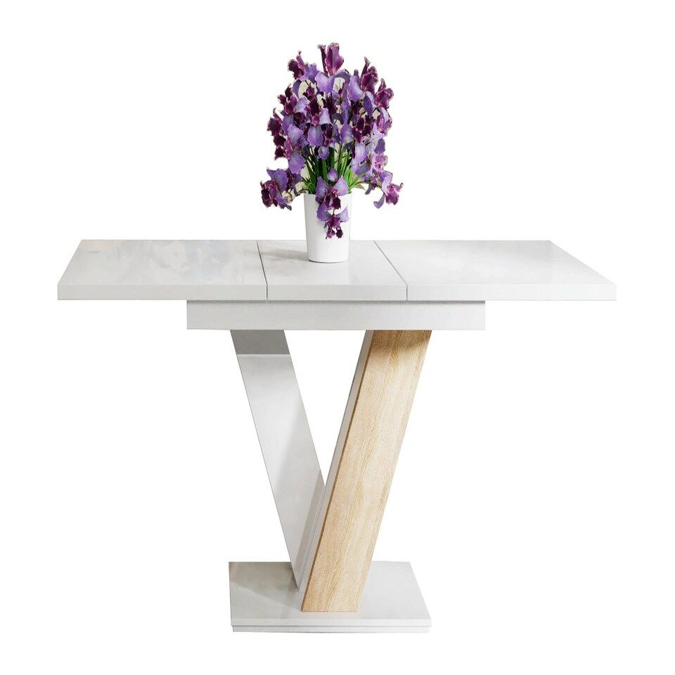 image 1 of Extendable Dining Table 120-160cm V Legs 6-8 Seater White Gloss / Sonoma Oak Effect - Masy Pro
