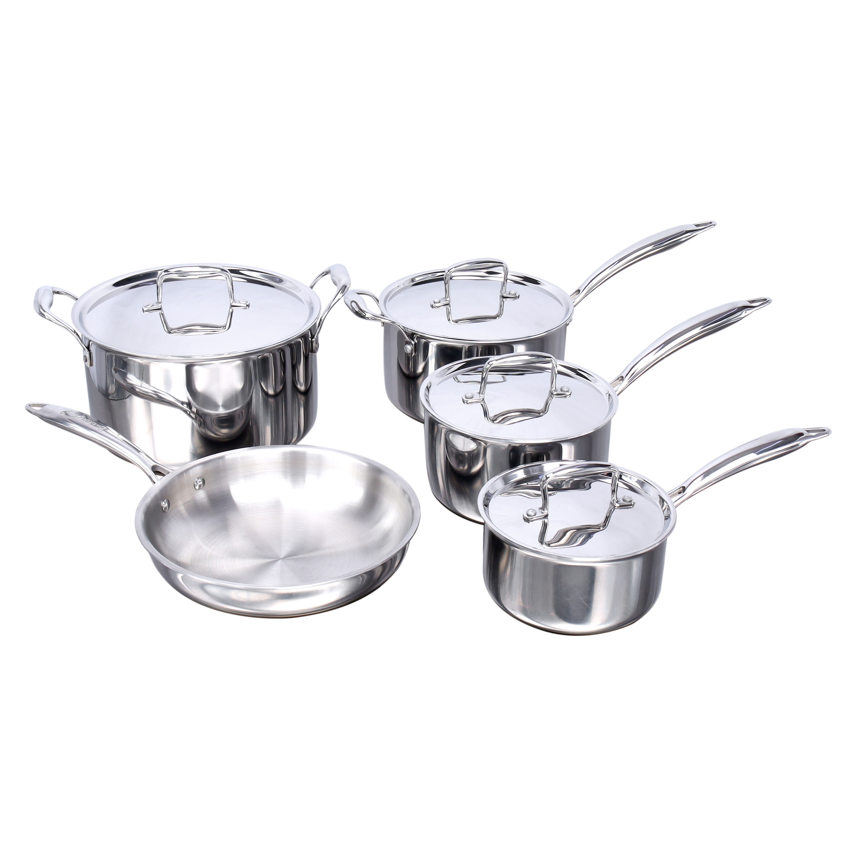 Buckingham Elite Tri 18/8 Stainless Steel set of 5 cookware, 3 deep saucepans 16cm , 18cm , 20cm, 1 frying pan 24cm (Uncoated) 1 Casserole 24 cm