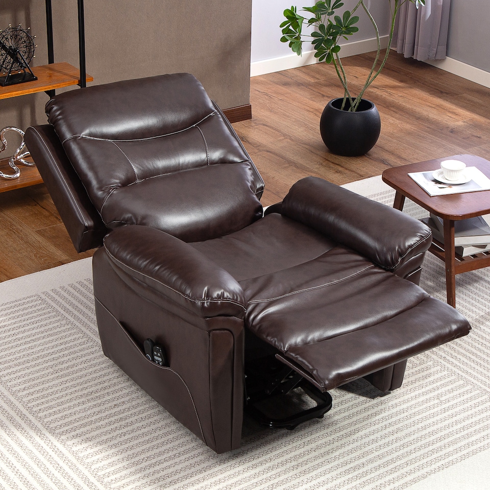 image 1 of HOMCOM Power Lift Recliner Chair with Vibration Massage and Heat, PU Leather Lift Chair with USB Port, Side Pockets, Spring Cushion, Remotes, Riser and Reclining Armchair for Living Room, Brown | Brown | Brown