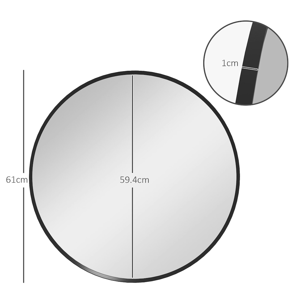 image 1 of HOMCOM Wall Mirror for Living Room Bedroom, 61 cm Circle Bathroom Mirror, Black
