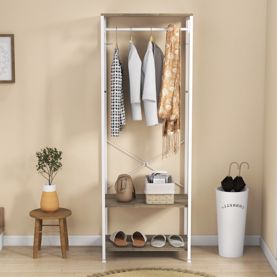 image 1 of HOMCOM Coat Rack, 2-in-1 Clothes Stand with Shoe Storage for Hallway, Grey