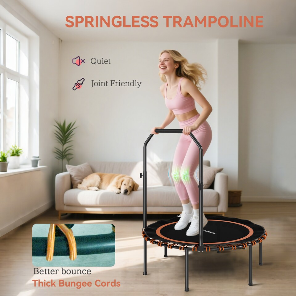 image 1 of SPORTNOW 40'' Foldable Fitness Trampoline, Mini Trampoline Bungee Rebounder with 5-Level Adjustable Handle for Adults Indoor Outdoor Exercise, Orange | Orange
