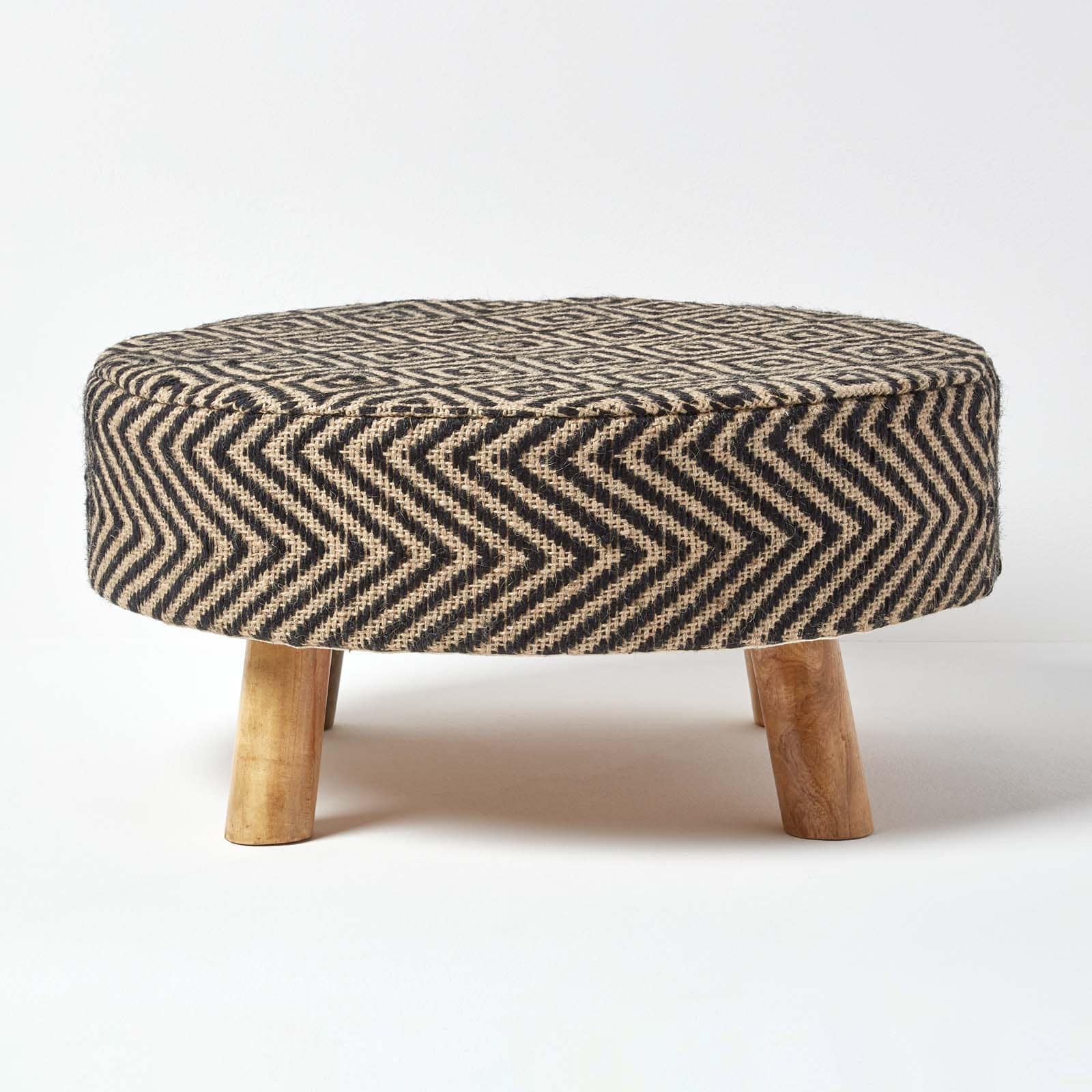 Homescapes Black and Natural Circular Footstool with Diamond Pattern Black 62 x 62 x 30 cm