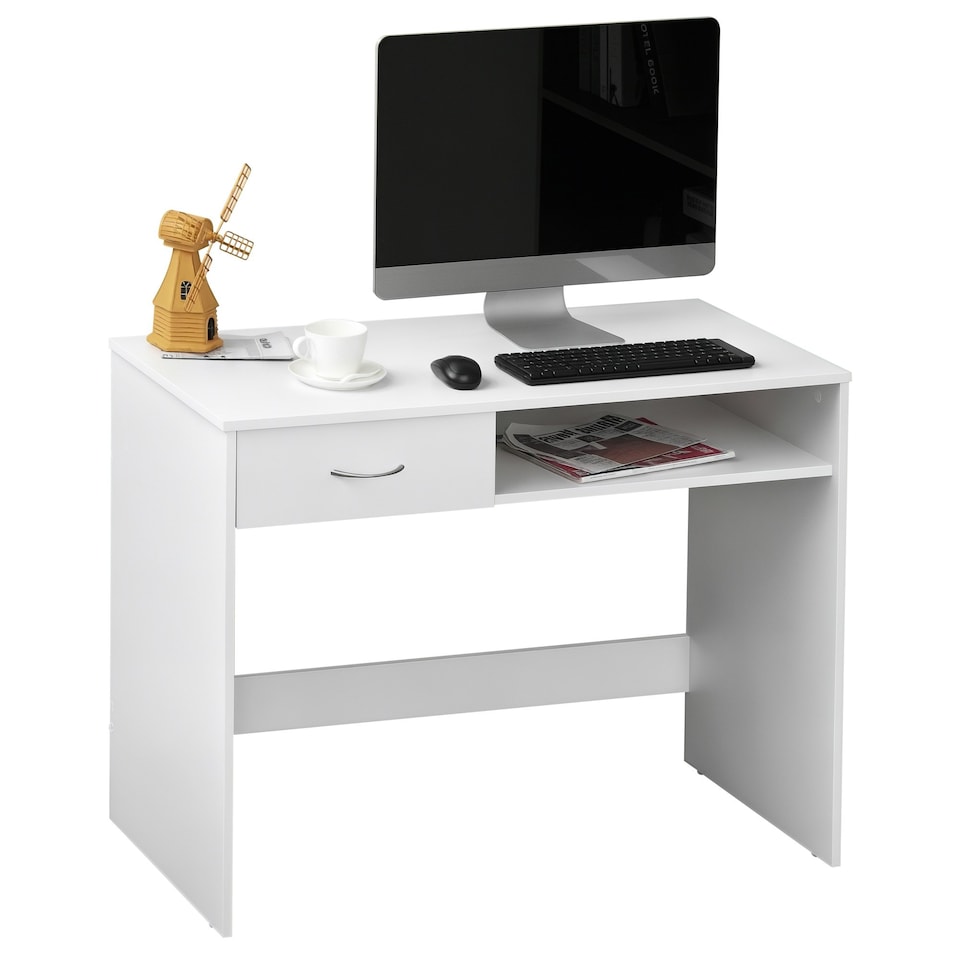 image 1 of HOMCOM Modern Computer Work Desk Table Study Shelf Drawer Writing Station White