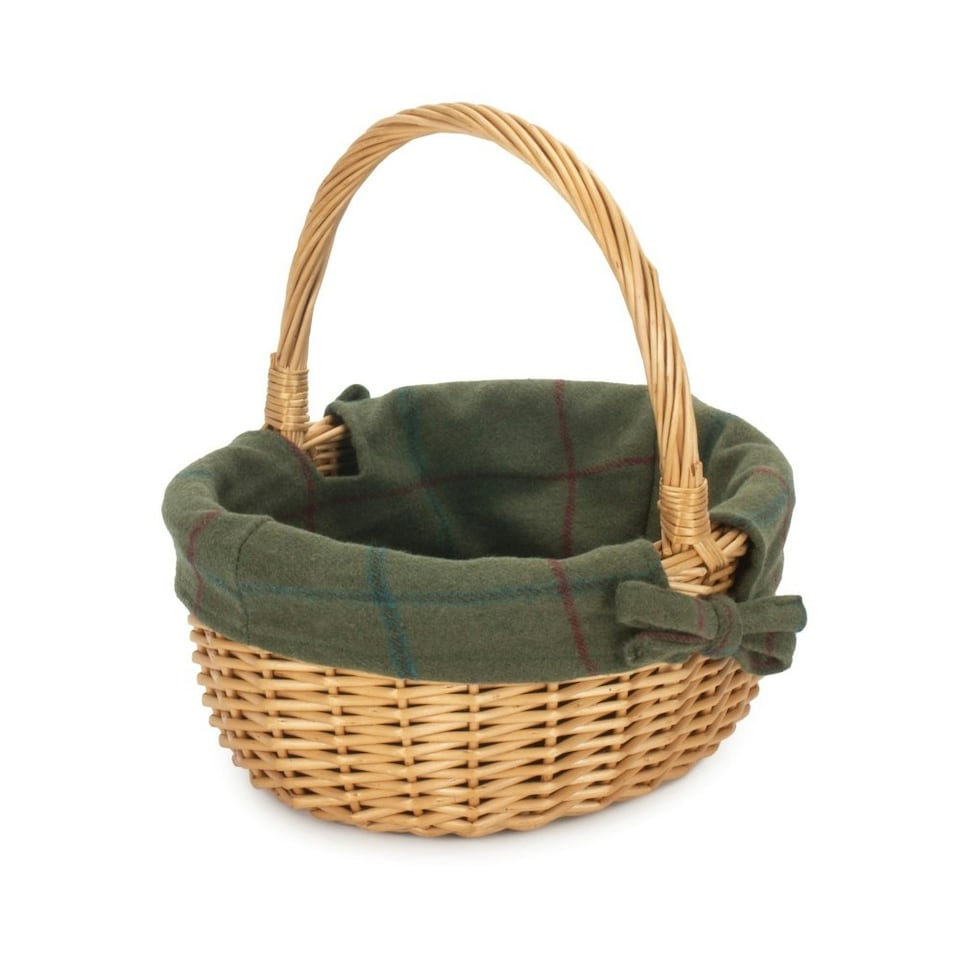 image 1 of Cotton Lined Full Buff Willow Child’s Shopping Basket Green | Green Tartan | One Size