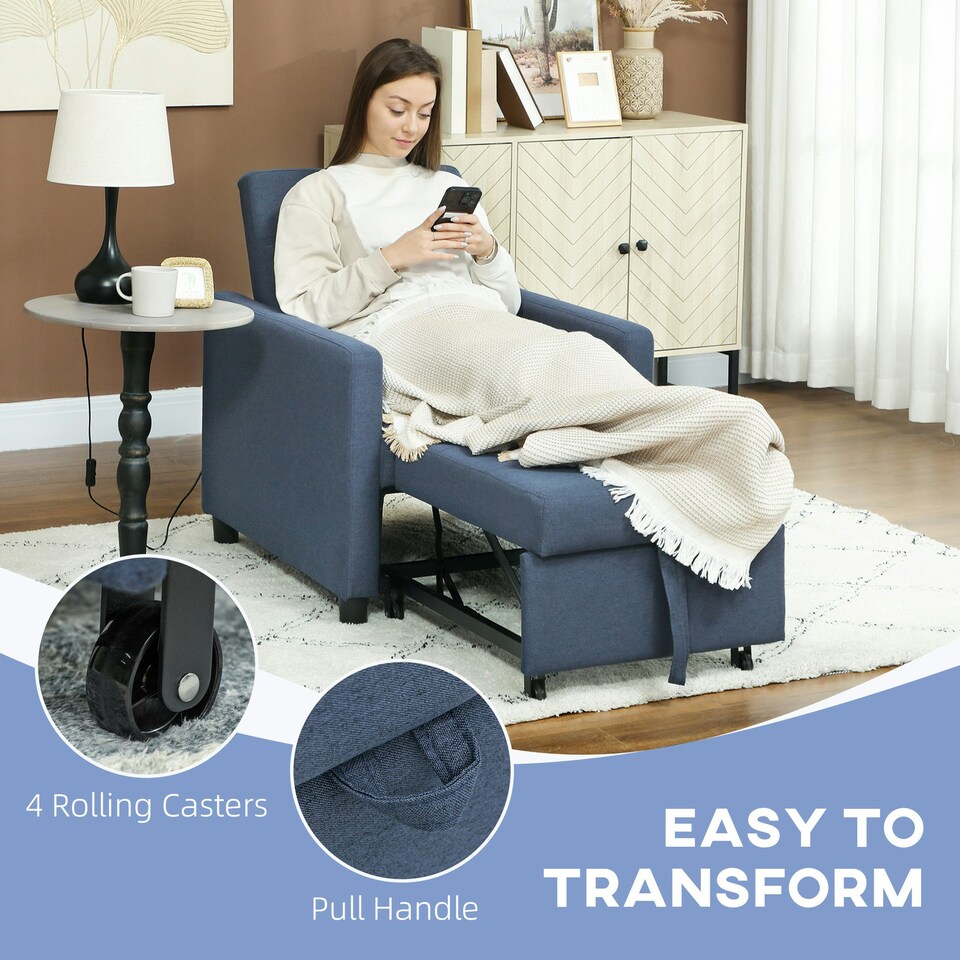 image 1 of HOMCOM Convertible Single Chair Bed with Upholstered Fabric, Blue 
