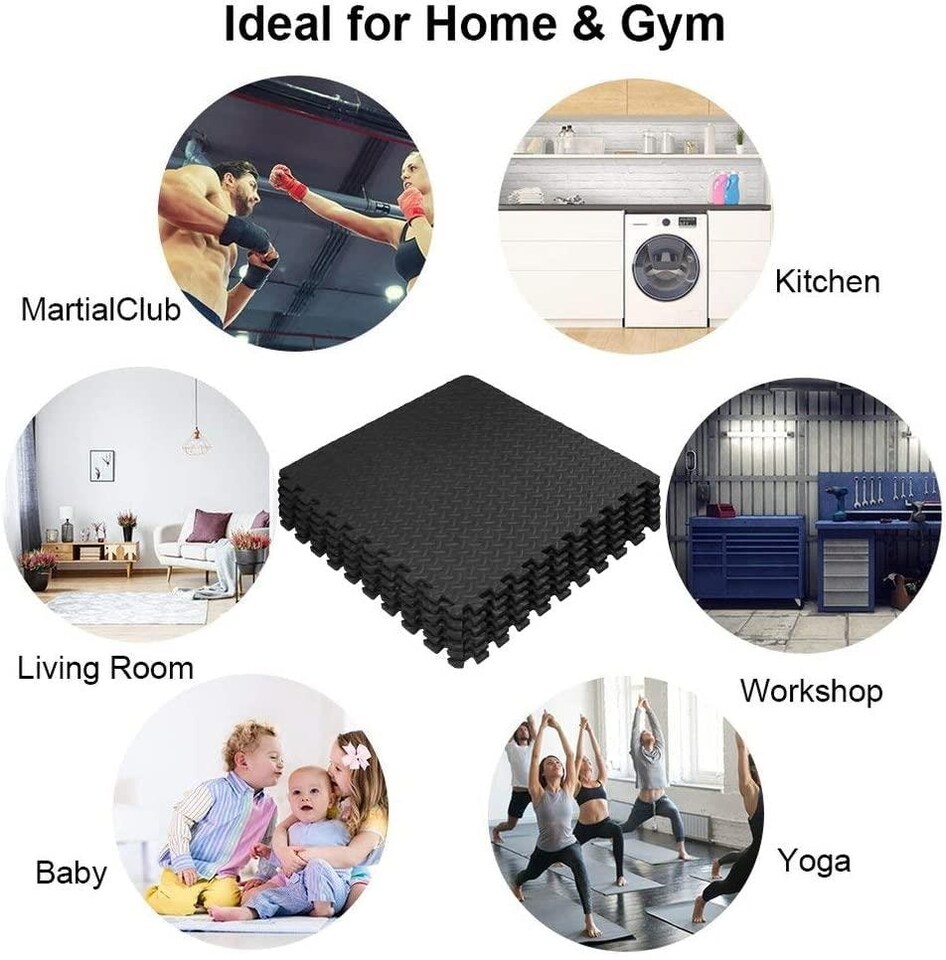 image 1 of 12pcs Black EVA Gym Flooring Puzzle Mat 60x60cm Interlocking Non Slip Floor Tiles for Home Workout, Yoga & Fitness | Black