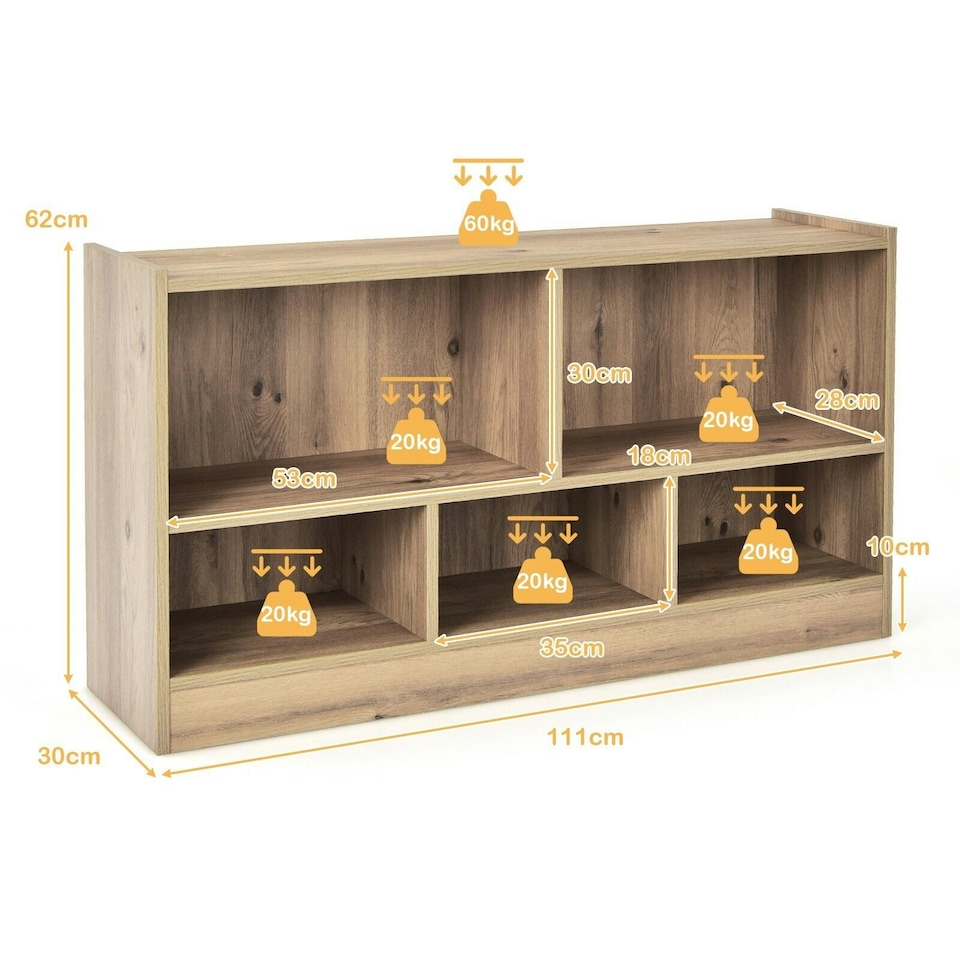 image 1 of COSTWAY Kids Storage Shelf 5-Cubby Wooden Bookcase Natural | Brown