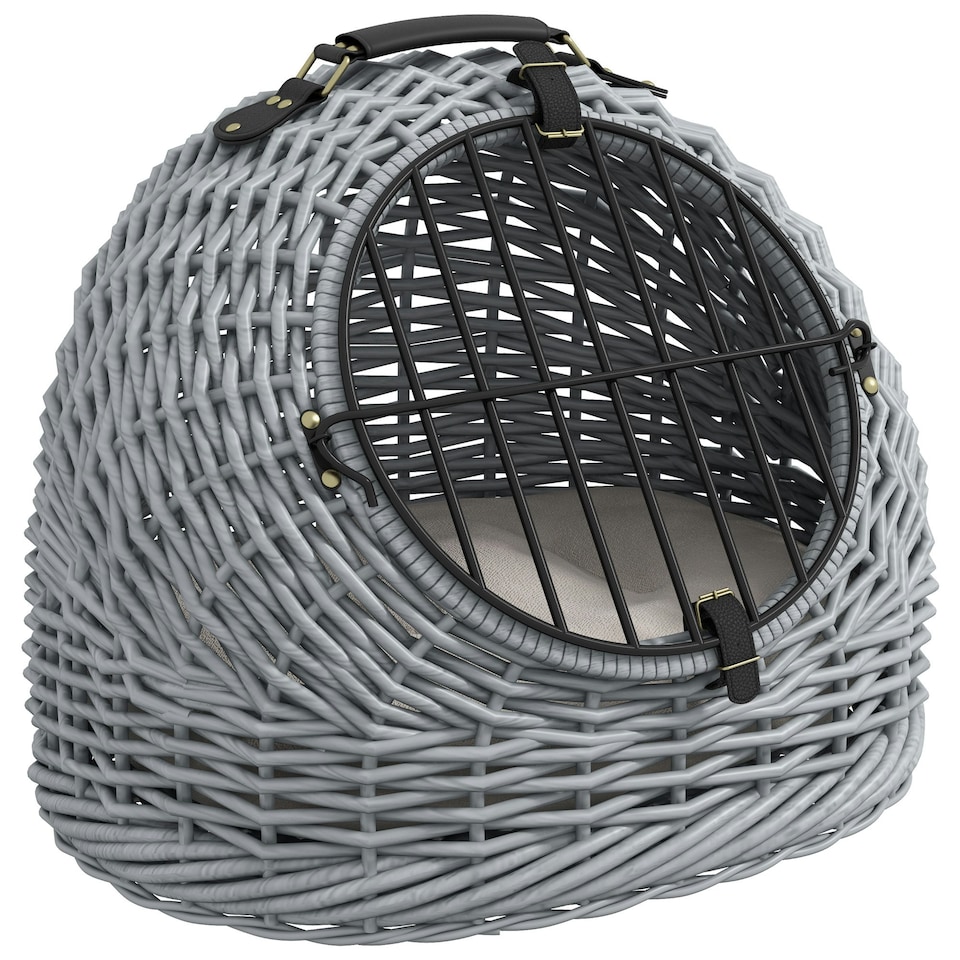 image 1 of Wicker Cat Basket W/ Mat Handle Kitten Pussy Enclosed Bed Portable - Grey