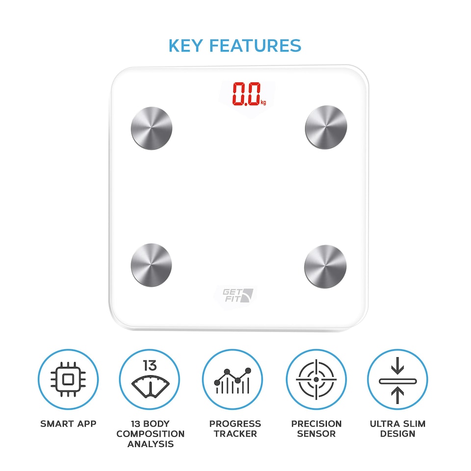 image 1 of Get Fit Smart Bathroom Scales - Monitor Weight Loss Digital Body Weighing Scale, Connect to IOS/Android via Bluetooth with APP, LCD Display, Auto On/Off - White