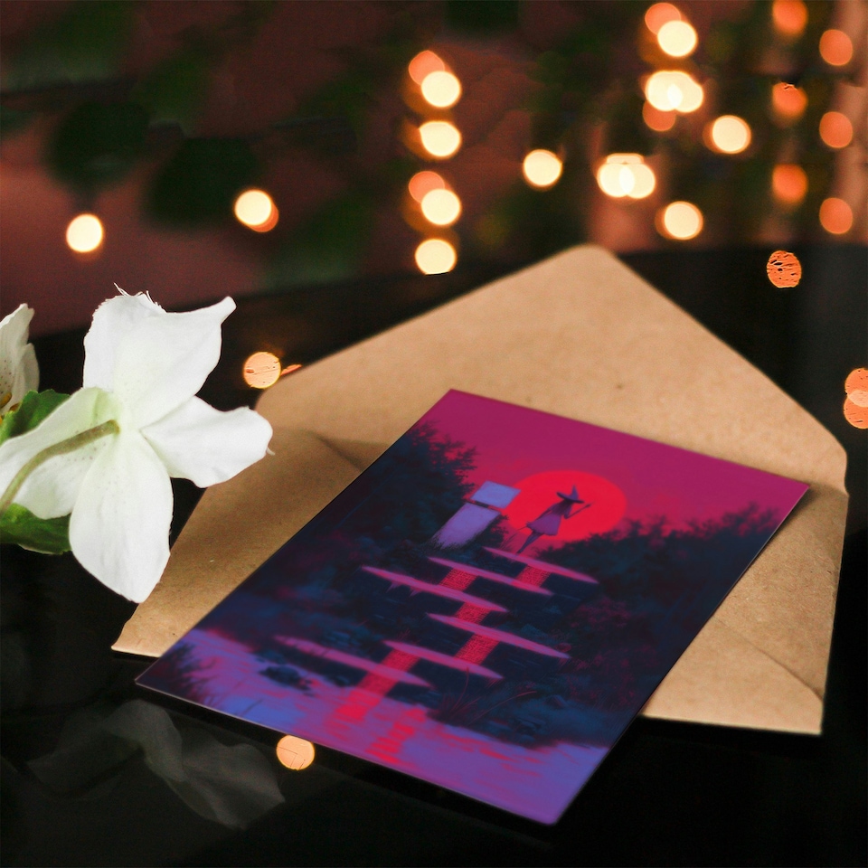 image 1 of Full Moon Witch Ritual Neon Pink Fantasy Art Halloween Greeting Card