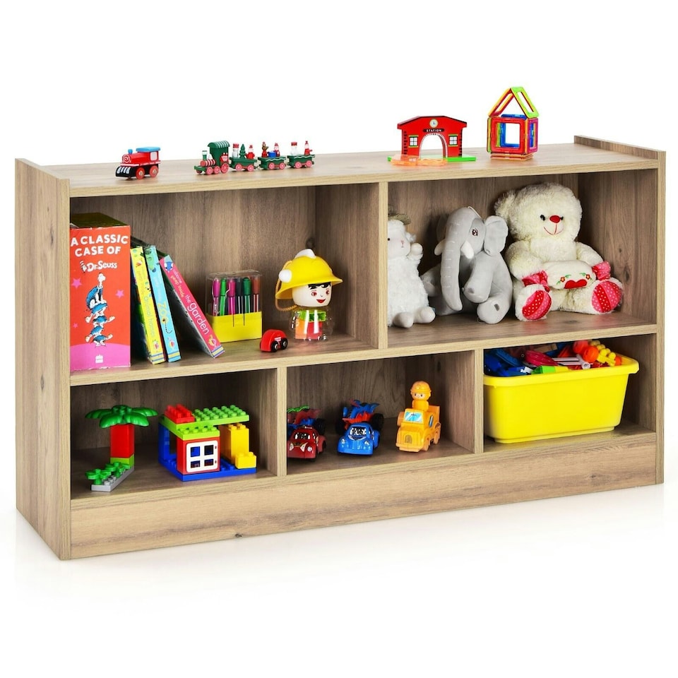 image 1 of COSTWAY Kids Storage Shelf 5-Cubby Wooden Bookcase Natural | Brown