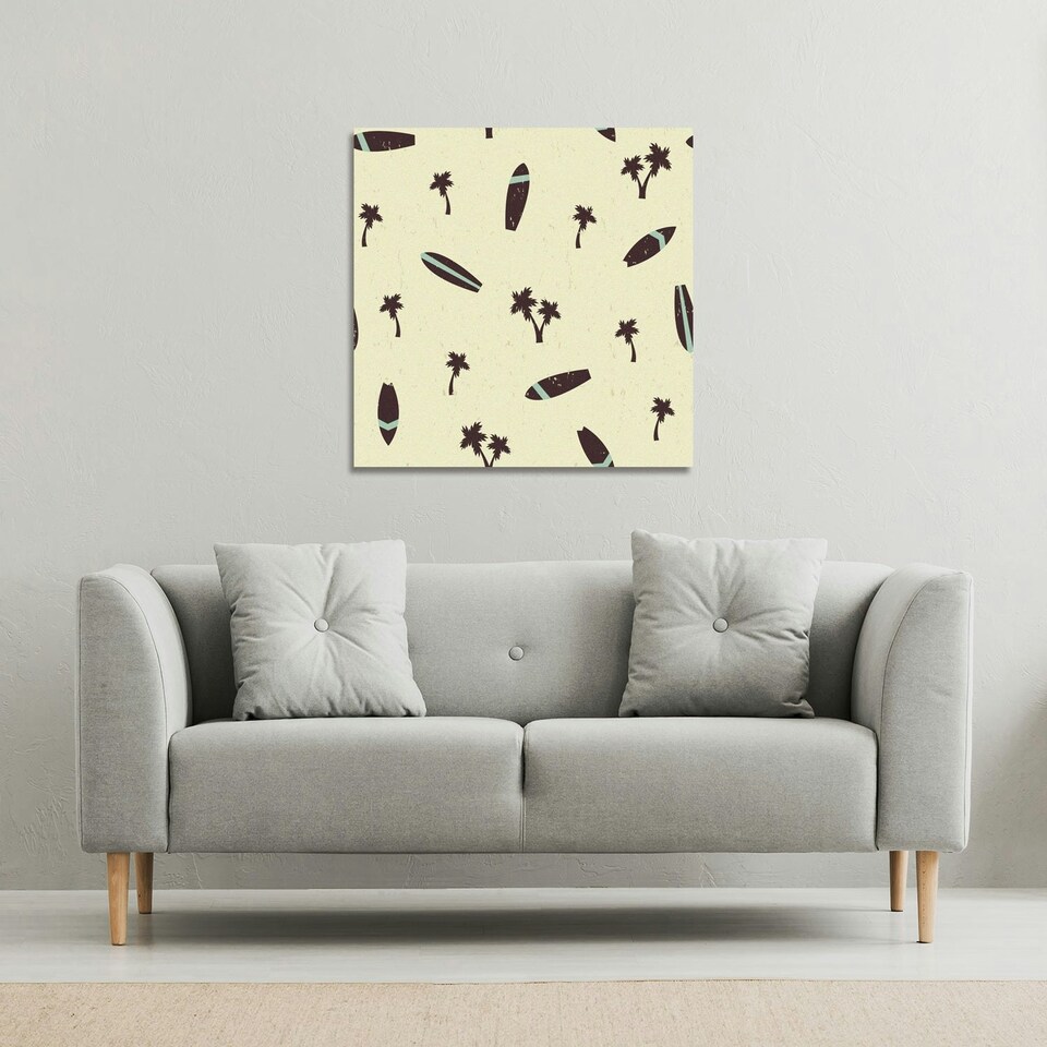 image 1 of Surf Board & Palm Silhouettes (Canvas Print) 90 x 90 x 4cm