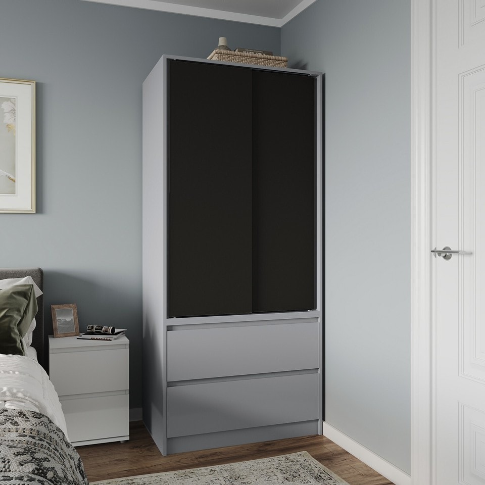 image 1 of URBNLIVING 2 Sliding Door Wardrobe With 2 Drawers And Hanging Rail | Grey | Black Doors | 1