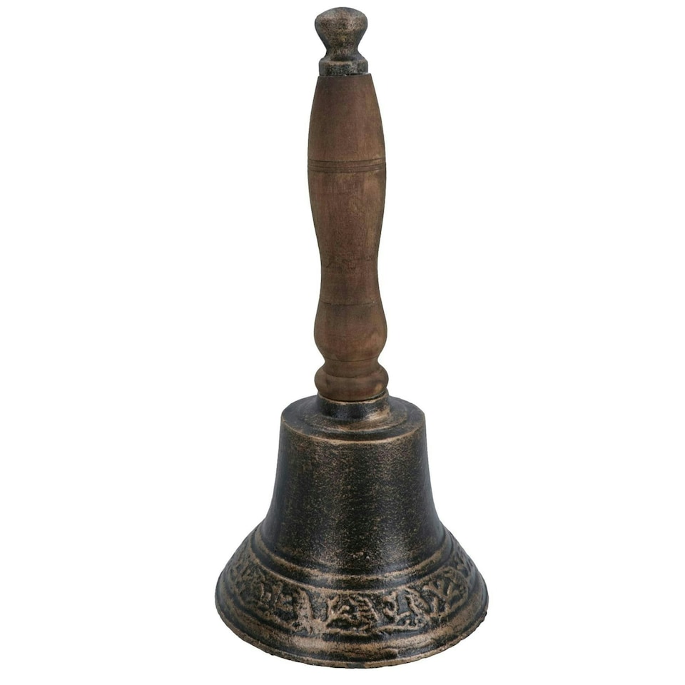 image 1 of Dinner Hand Bell School Pub Bar Shop Tea Wooden Handle Wall Mount Cast Iron