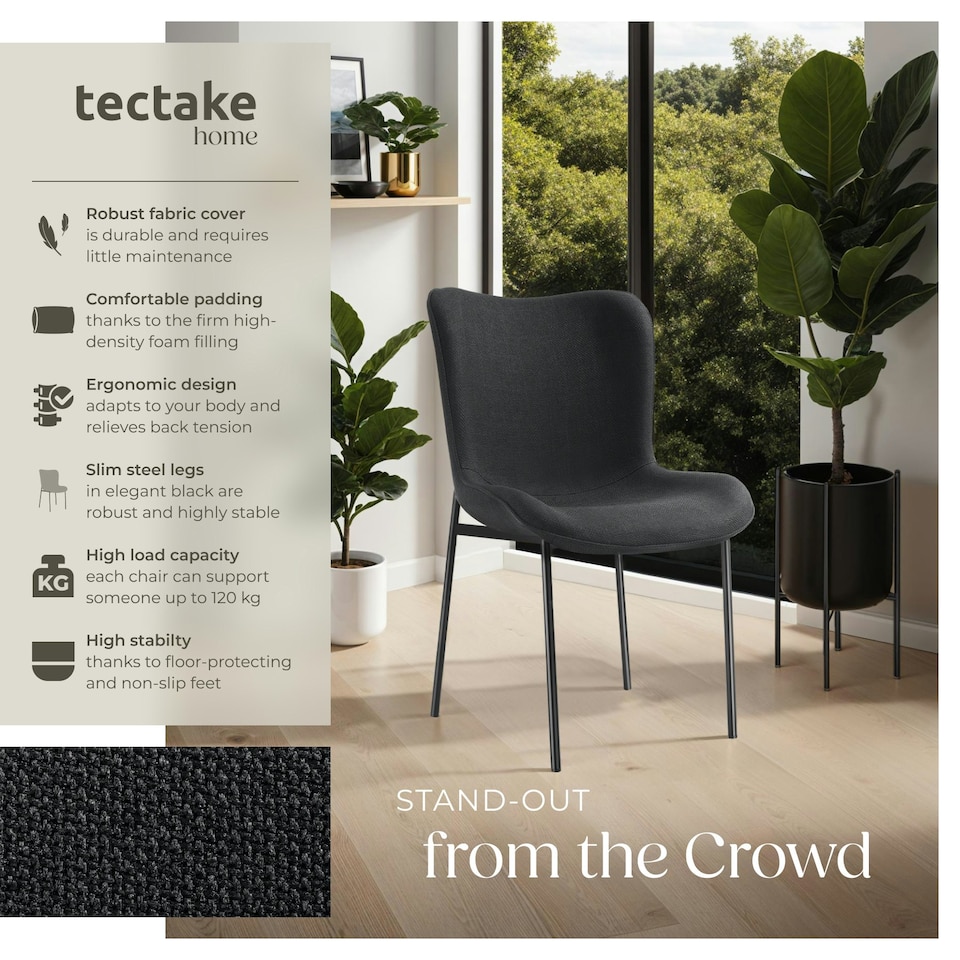 image 1 of Dining Chair Tessa - ergonomic high backrest, slim steel legs, soft fabric - Set of 2 Black | Woven Fabric Black/Black