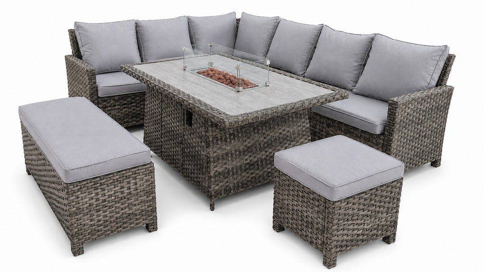 image 1 of The Maldives Grey Aluminium 9 Seat Corner Gas Firepit Rattan Dining Set