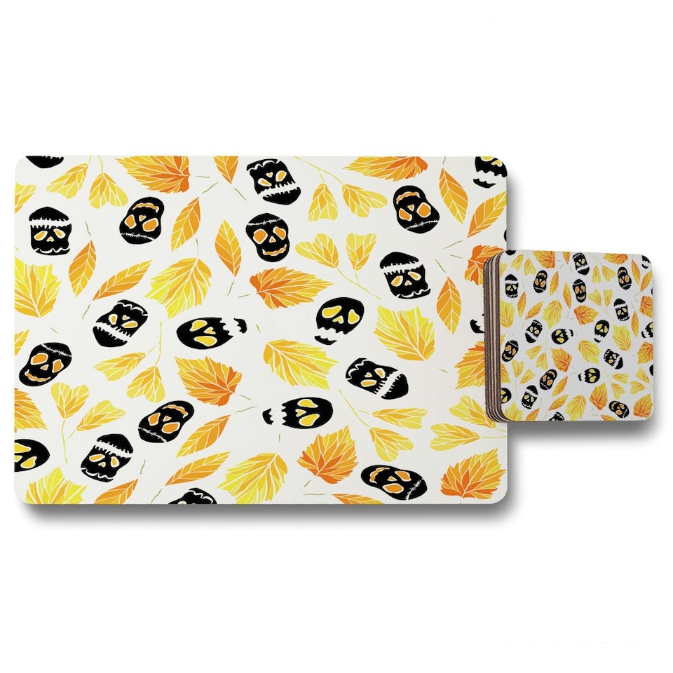 image 1 of Autumn Leaves & Halloween Skulls (Placemat & Coaster Set)