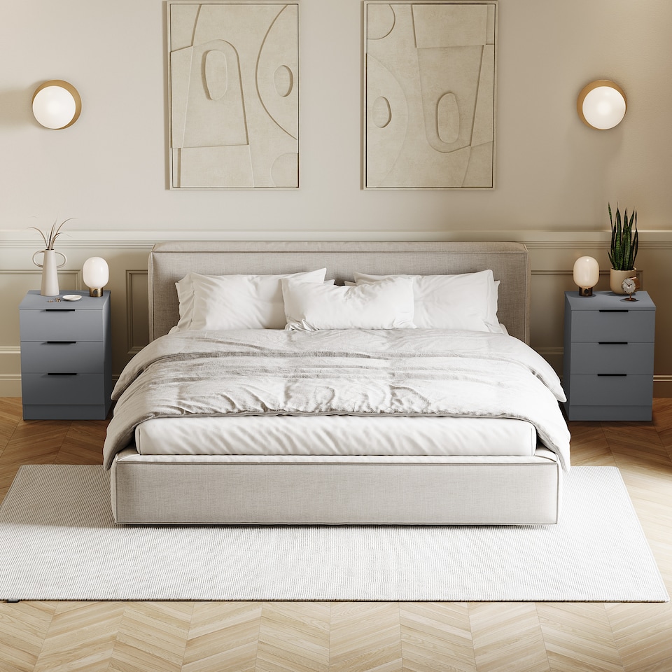 image 1 of Vida Designs Trega 3 Drawer Bedside Chest Bedroom Storage Unit, (H) 50cm x (W) 39cm x (D) 28cm, Grey, Set of 2