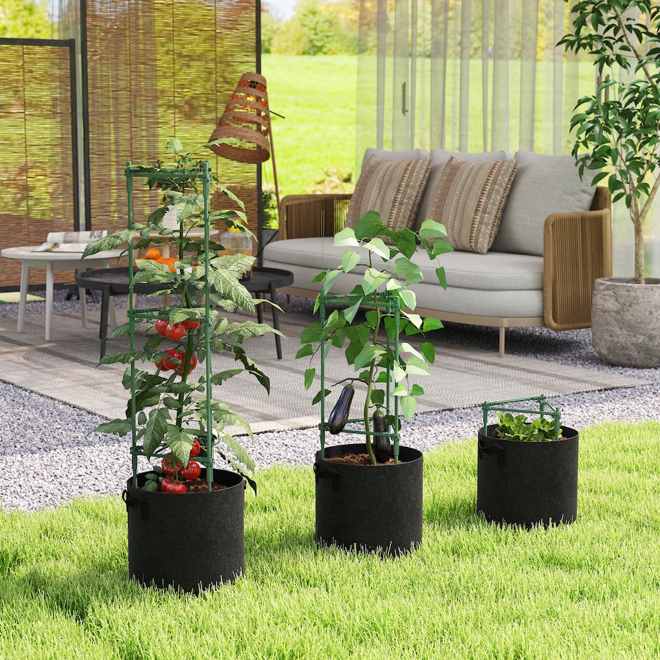 image 1 of Outsunny 3 Packs Tomato Cages with 83.7L Grow Bags, 120cm Plant Stakes | Green | Green