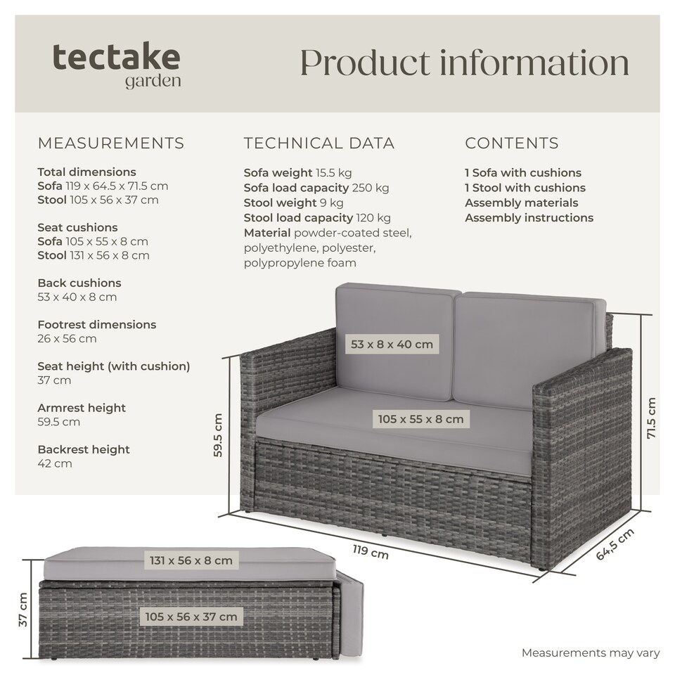 image 1 of Garden Sofa Corfu - 2 seater sofa, stool sun lounger, thick cushions | Grey | grey | 119 x 64,50 x 71,50 cm | 1
