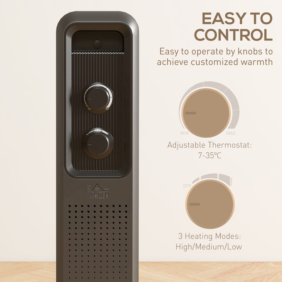 image 1 of HOMCOM 1500W Oil Filled Radiator, Portable Electric Heater with 3 Heat Settings, Safety Cut-Off and Wheels, Grey