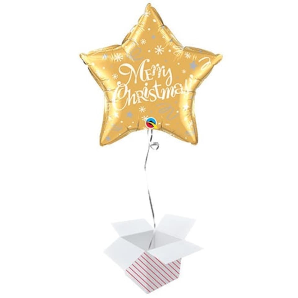 Merry Christmas Festive Gold Star Foil Helium Qualatex Balloon - Inflated Balloon in a Box