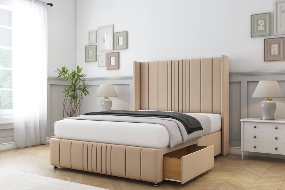 image 1 of Sloomy Hargrave Pebble Plush Divan Bed Base No Drawers With 54 Inch Wingback Headboard & 12 Inch Matching Footboard | Brown | Pebble | Small Single | 1