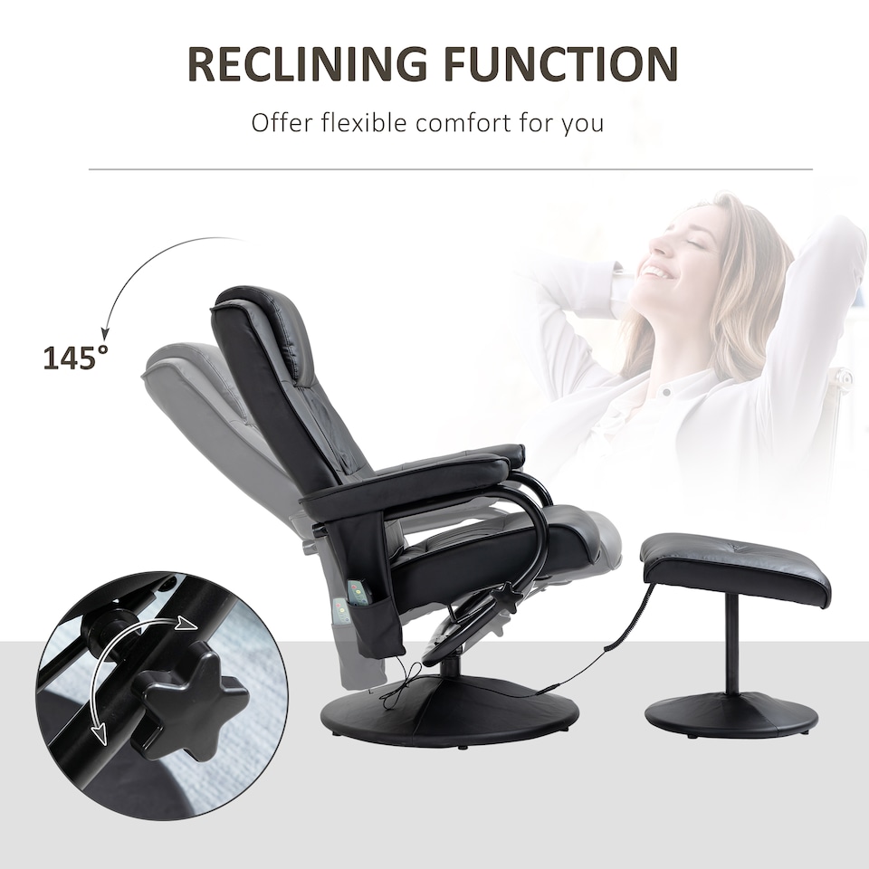 image 1 of HOMCOM Swivel Recliner Chair and Footstool, Faux Leather Massage Recliner Armchair with Remote Control and Round Wrapped Base, Black
