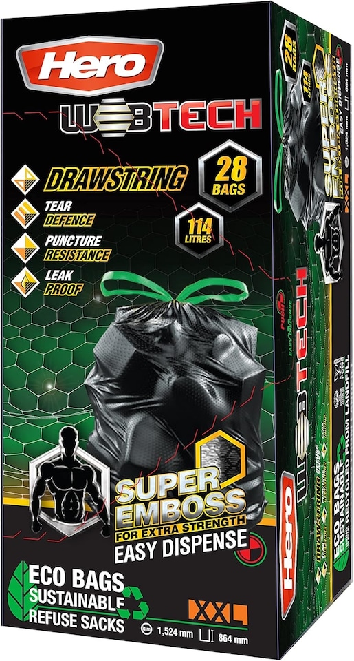 image 1 of Hero Webtech Super Strong Black Embossed Drawstring Bin Bags 114L – 28 Heavy Duty Tear-Resistant Refuse Sacks