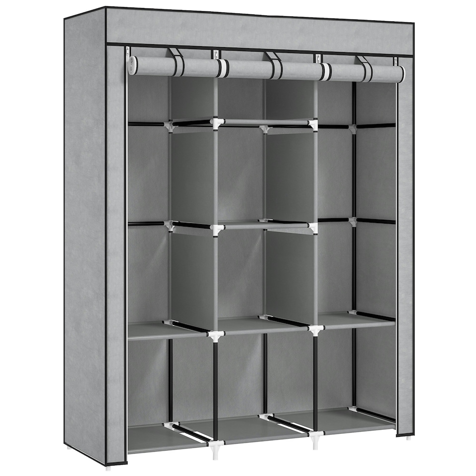 image 1 of HOMCOM Fabric Portable Wardrobe with 8 Shelves 2 Hanging Rails, Light Grey Grey
