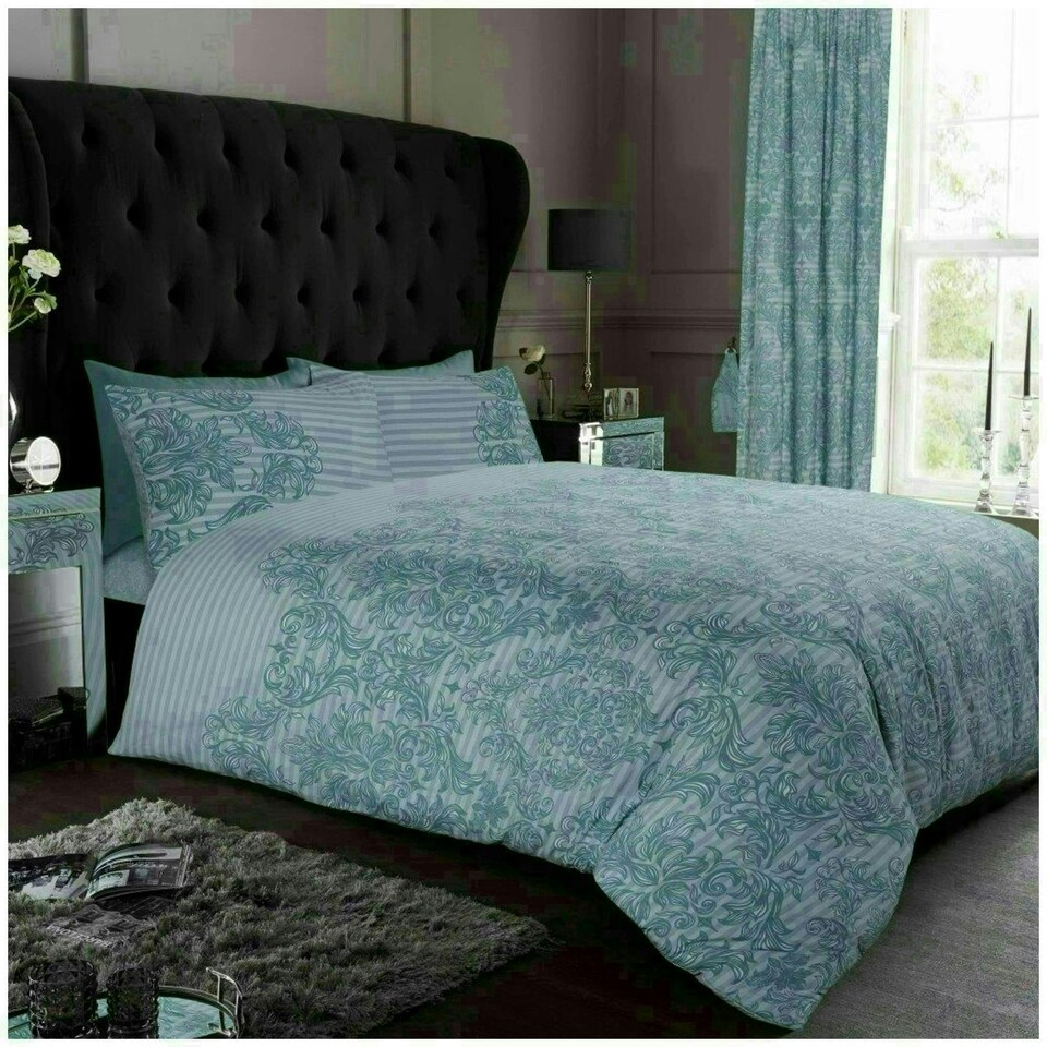image 1 of VELVETIO Empire Damask Printed Duvet Cover Set Reversible Polycotton Beddings Blue | Duck Egg | King