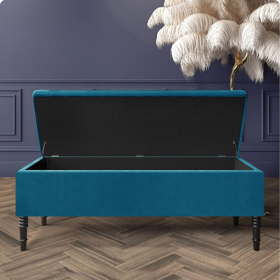 image 1 of Paris Plain 150cm Ottoman Storage Bench - Plush Velvet Shoe Bench - Emerald Green Upholstery Footstool with Storage