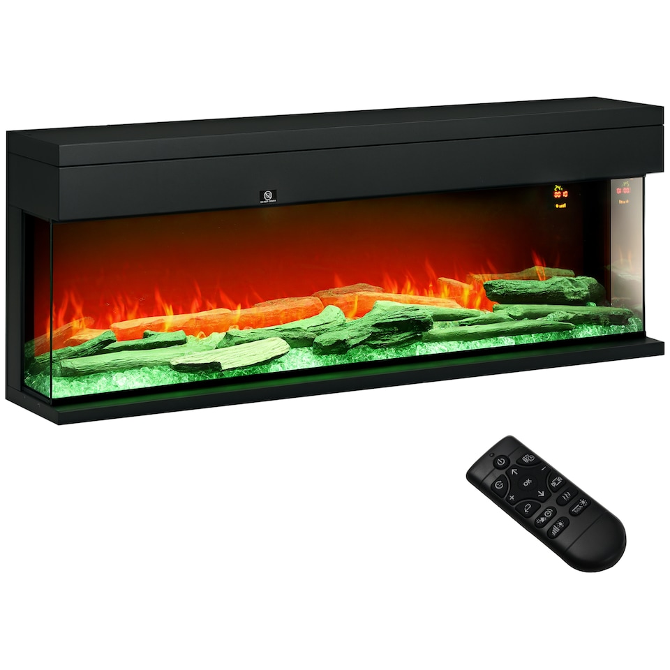 image 1 of HOMCOM 50127cm 3-Sided Electric Fireplace Wall Mounted, Recessed, Insert, Freestanding, Glass Electric Fire with 7 Adjustable LED Flame Effect, Log, Crystal, Remote Control, 1800W, Black
