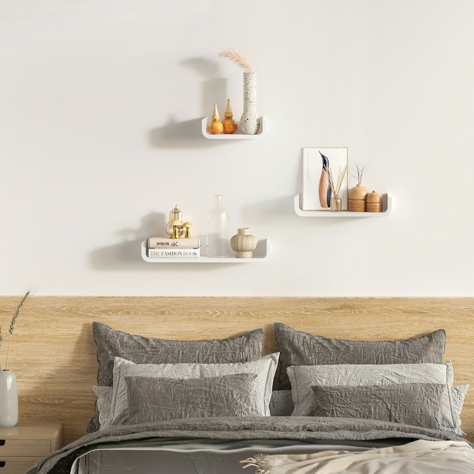 image 1 of HOMCOM U Shaped Shelf Set Floating Wall Mounted White Hanging 3pc Display