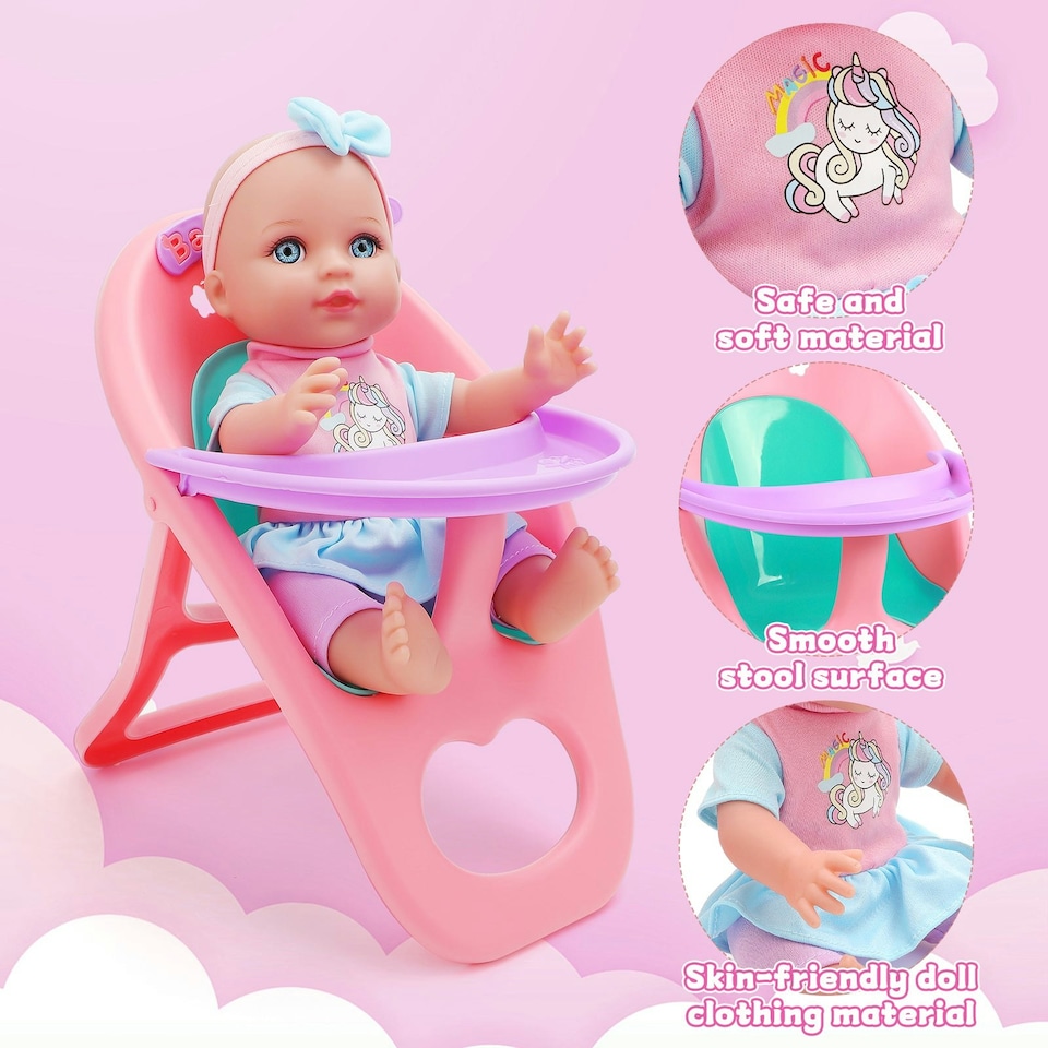 image 1 of 12 Inch Baby Doll Toys Feeding Set with Carry Backpack High Chair Playset