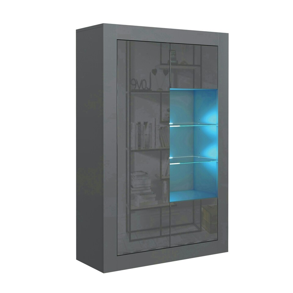 image 1 of Display Cabinet 93cm Grey Gloss Doors Dark Matt Body Free LED Grey