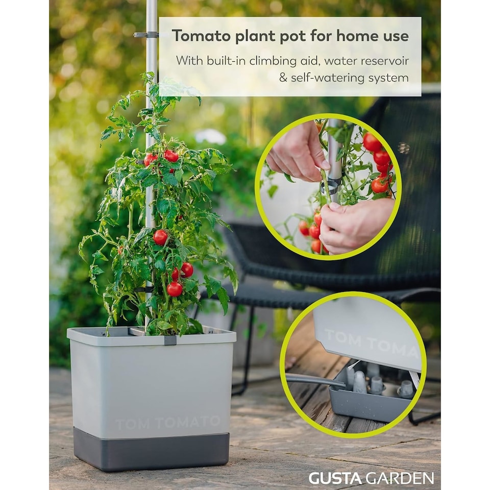 image 1 of Gusta Garden Tom Tomato Tomato Pot Light Grey- Planter with Climbing Aid, Self-Watering System & Plant Clips - 4.5L Water Reservoir & 20L Soil Capacity