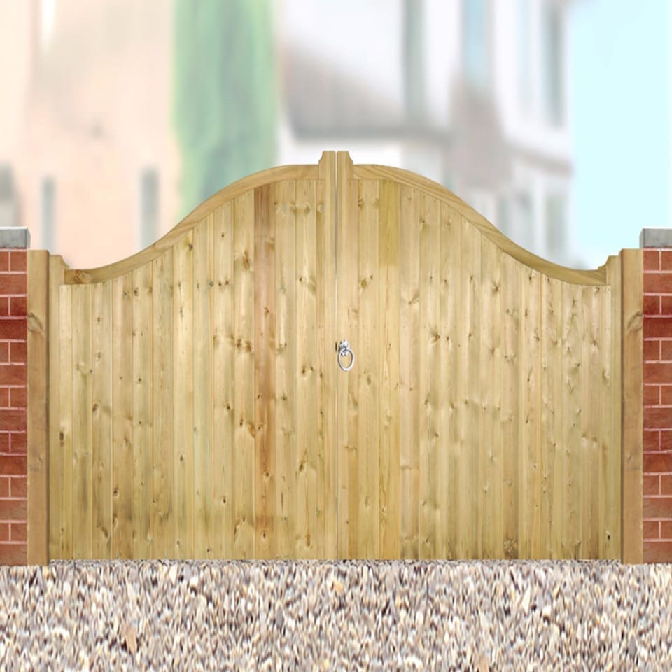 image 1 of Drayton Low Shaped Top Double Gate - Pressure Treated Scandinavian Redwood - W2400 x H1250 mm | Brown | 1