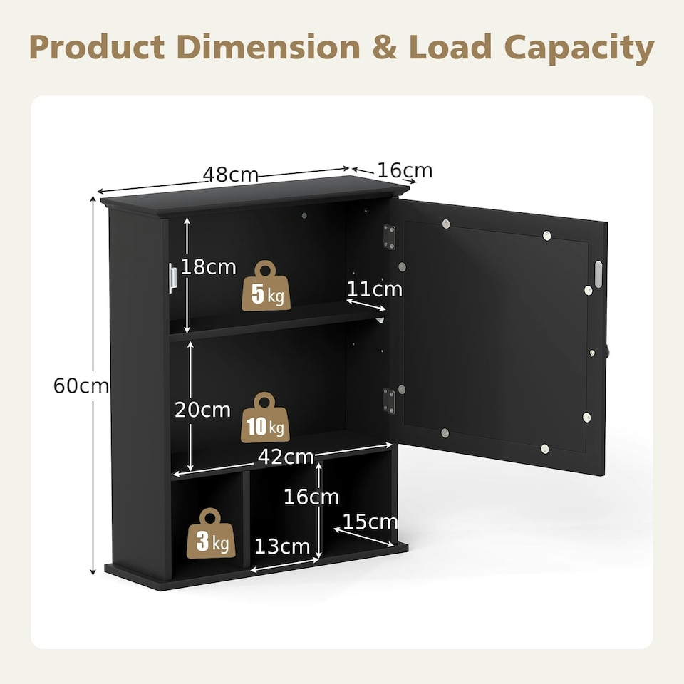 image 1 of COSTWAY Bathroom Wall Storage Cabinet Medicine Organizer Black Black